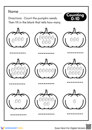Thanksgiving Pumpkin Seed Counting Worksheet (0–10)