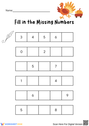 Thanksgiving Missing Numbers 0–10 Worksheet