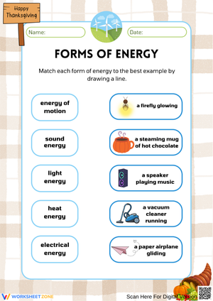 Thanksgiving Forms of Energy Matching Worksheet for Kids