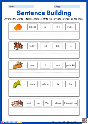 Thanksgiving Sentence Building Worksheet for Early Writers