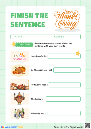 Thanksgiving Finish the Sentence Writing Activity for Kids