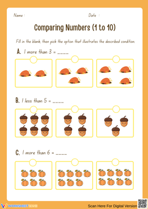 Comparing Numbers 1 to 10 Thanksgiving Worksheet