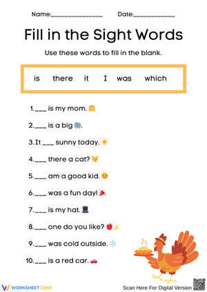 Thanksgiving Sight Words Fill in the Blanks Worksheet