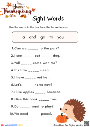 Thanksgiving Sight Words Worksheet for Kids