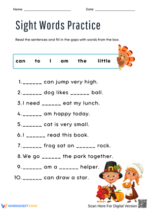 Sight Words Practice Thanksgiving Worksheet