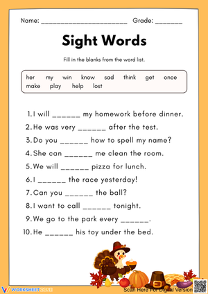 Thanksgiving Sight Words Worksheet (Fill in the Blanks)
