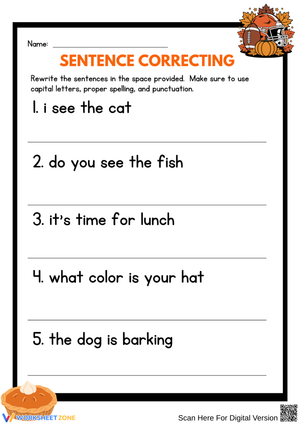 Thanksgiving Sentence Correcting Worksheet