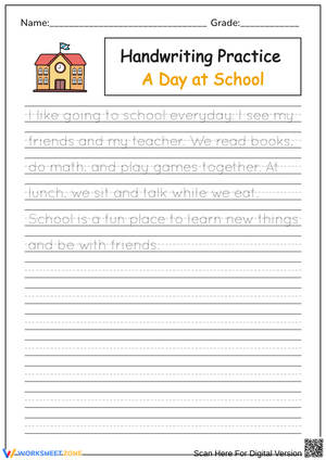 A Day at School – Neat Handwriting Practice Worksheet
