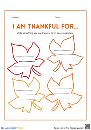 “I Am Thankful For” Writing Worksheet for Kids