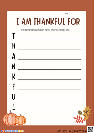 I Am Thankful For Acrostic Writing Worksheet
