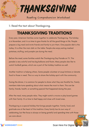 Thanksgiving Traditions Reading Comprehension Worksheet
