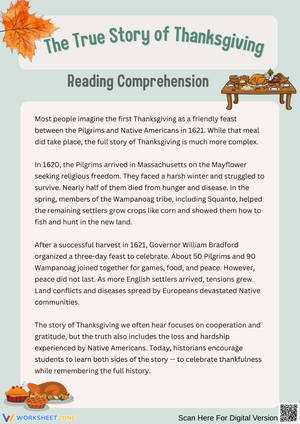 The True Story of Thanksgiving Reading Comprehension Worksheet