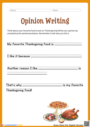 Thanksgiving Opinion Writing Worksheet for Kids