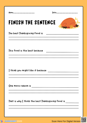 Finish the Sentence – Best Thanksgiving Food Writing Worksheet
