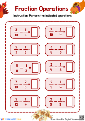 Thanksgiving Subtracting Fractions Worksheet