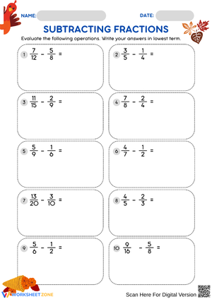 Subtracting Fractions Worksheet - Thanksgiving Math Practice