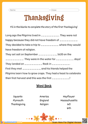 Thanksgiving History Fill-in-the-Blank Worksheet