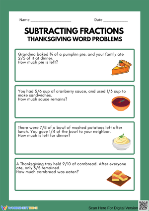 Subtracting Fractions Thanksgiving Word Problems Worksheet