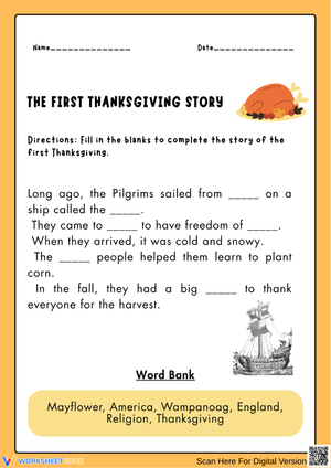 The First Thanksgiving Story Fill-in-the-Blank Worksheet