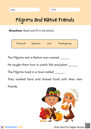 Pilgrims and Native Friends – Thanksgiving History Worksheet
