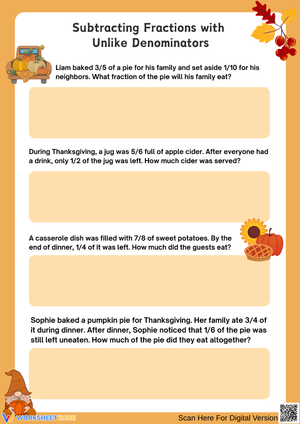 Subtracting Fractions with Unlike Denominators - Thanksgiving Theme