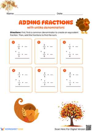 Thanksgiving Adding Fractions Worksheet | Unlike Denominators Practice