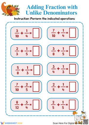 Add Fractions with Unlike Denominators | Thanksgiving Math Worksheet