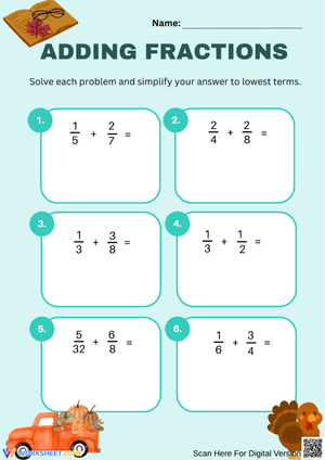 Thanksgiving-themed Adding Fractions Worksheet