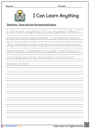 I Can Learn Anything – Handwriting Practice Paragraph Worksheet