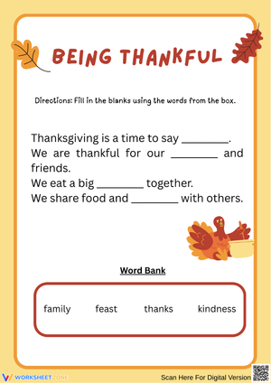 Being Thankful – Thanksgiving Fill-in-the-Blank Worksheet
