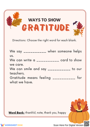 Ways to Show Gratitude – Thanksgiving Word Bank Worksheet