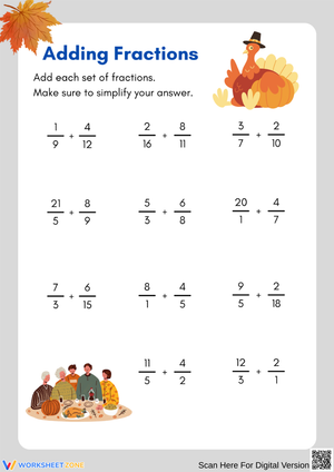 Thanksgiving Adding Fractions Worksheet