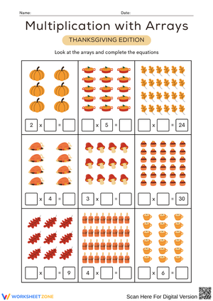 Thanksgiving Multiplication with Arrays Worksheet