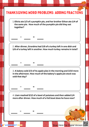 Thanksgiving Word Problems: Adding Fractions Worksheet
