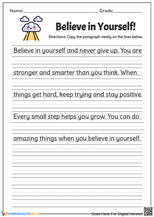 Believe in Yourself – Handwriting Practice Paragraph Worksheet