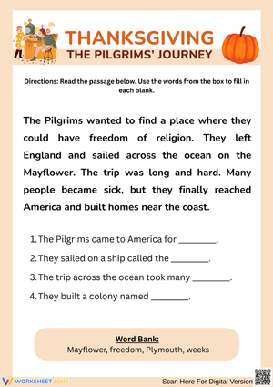 Thanksgiving: The Pilgrims’ Journey Fill-in-the-Blank Worksheet