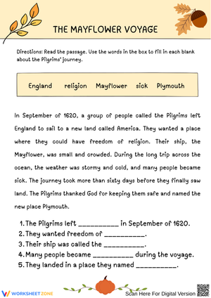 The Mayflower Voyage – Thanksgiving Reading Comprehension Worksheet
