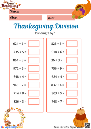 Thanksgiving Division Practice: 3-Digit by 1-Digit Problems