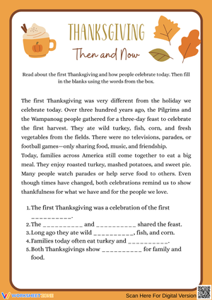 Thanksgiving Then and Now – Reading Comprehension Worksheet