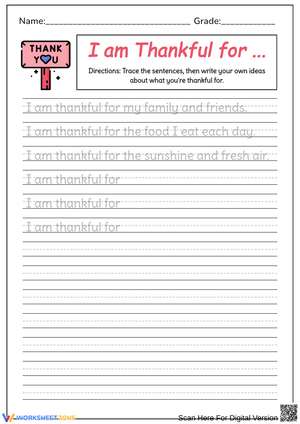 I Am Thankful For – Handwriting Practice Sentences Worksheet