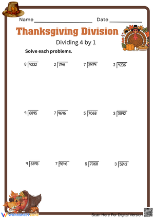 Thanksgiving Long Division Worksheet: 4-Digit by 1-Digit Practice