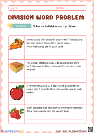 Thanksgiving Division Word Problems Worksheet