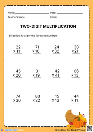 Two-Digit Multiplication Worksheet – Thanksgiving Theme