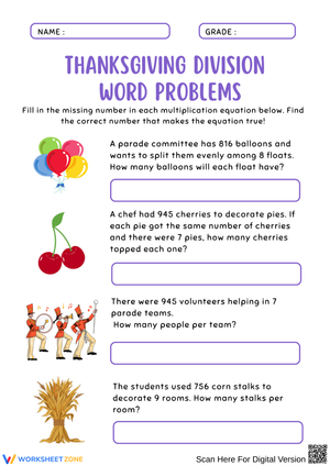 Thanksgiving Division Word Problem - Real-Life Math Practice