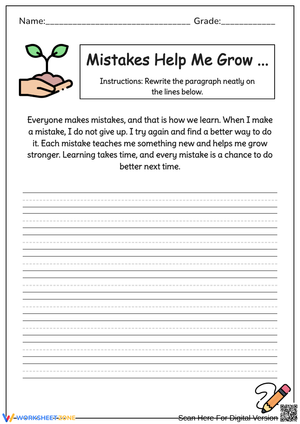 Mistakes Help Me Grow – Handwriting Practice Paragraph Worksheet