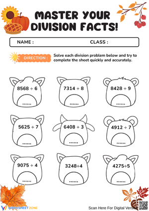 Master Your Division Facts – Thanksgiving Math Worksheet