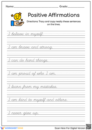 Positive Affirmations – Sentences Handwriting Practice Worksheet