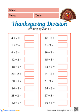 Thanksgiving Division by 2 and 3 Worksheet