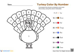 Thanksgiving Turkey Color by Number Division Worksheet