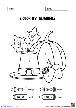 Thanksgiving Color by Numbers Division Worksheet